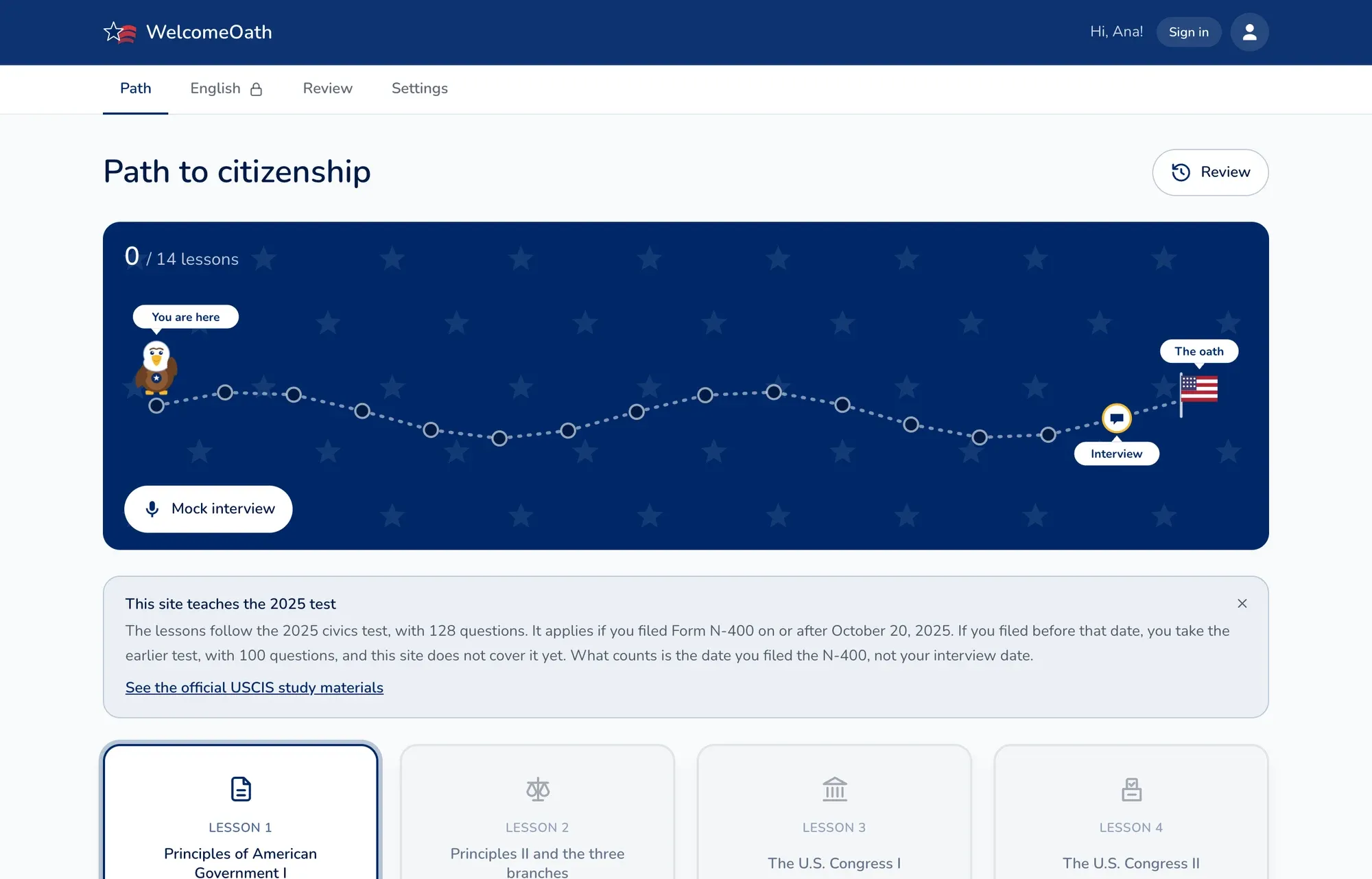 WelcomeOath's path to citizenship: a map of 14 lessons with an eagle guide, a mock interview button, and the first lesson card.